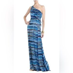 BCBGMaxAzria Stella One Shoulder Dreamy Print Silk Dress Floor Length Goddess